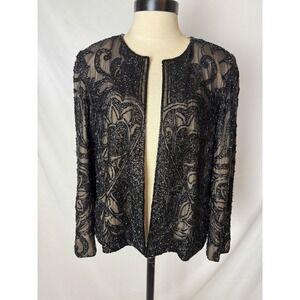 Lillie‎ Rubin Black Pure Silk Evening Jacket Beaded Sz 10 Open Front STUNNING